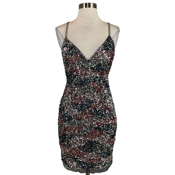 Aidan Mattox Sequin Backless Mini Sheath Cocktail Dress Blue Multi Color Size 6 - Picture 1 of 11